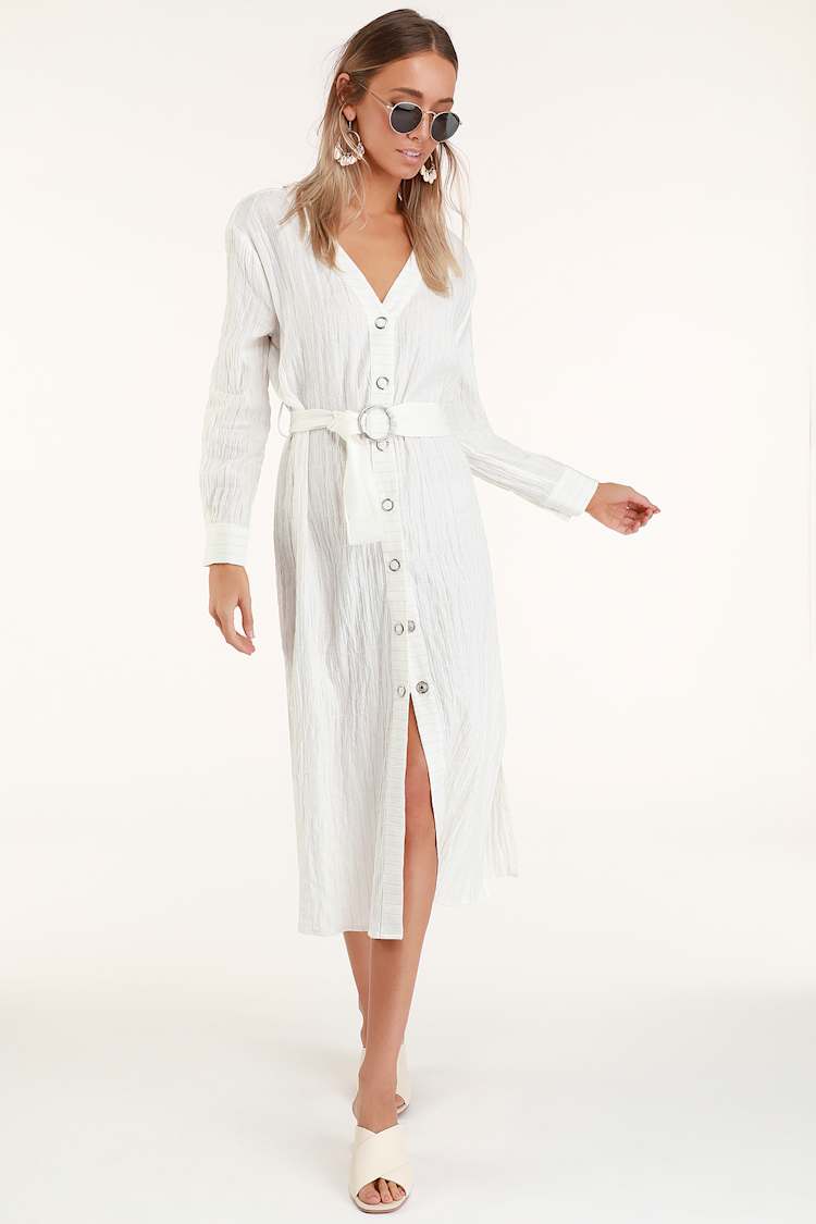 Moon River Leila - White Button-Front Dress - Long Sleeve Dress - Lulus