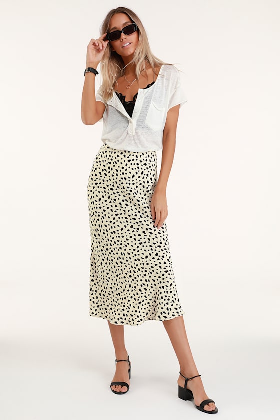 Beige Leopard Satin Midi Skirt with Lace Trim