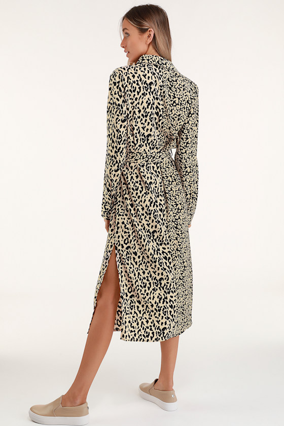 Meow or Never Beige Leopard Print Midi Shirt Dress 4