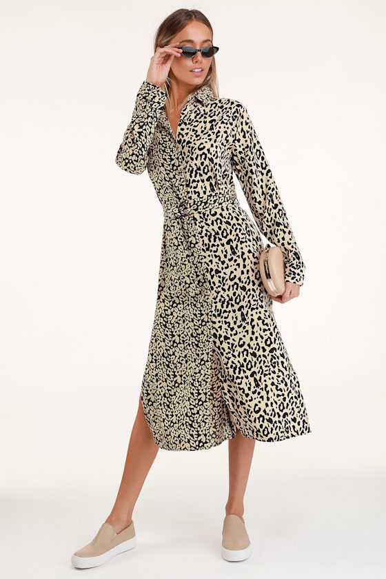 Meow or Never Beige Leopard Print Midi Shirt Dress 1