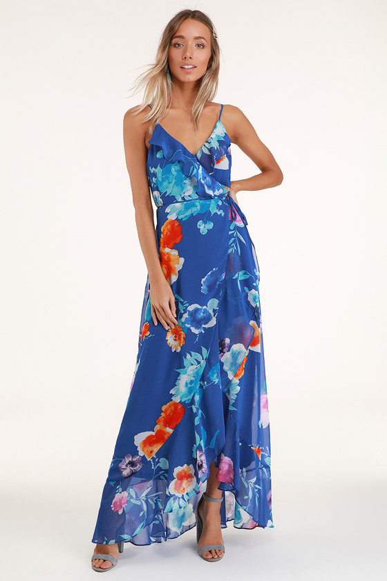 Lovely Royal Blue Floral Print Dress - Wrap Dress - Maxi Dress - Lulus