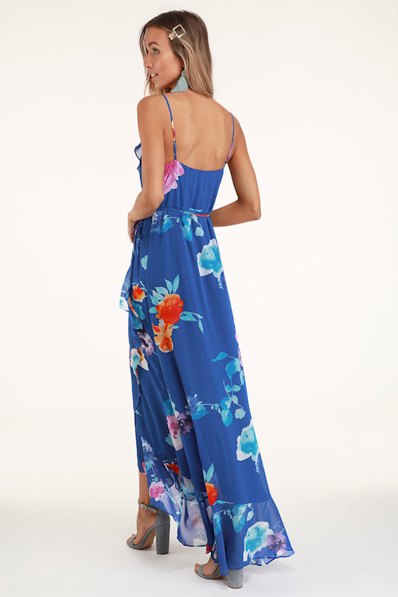 Ladean Royal Blue Floral Print Ruffled Wrap Maxi Dress 2