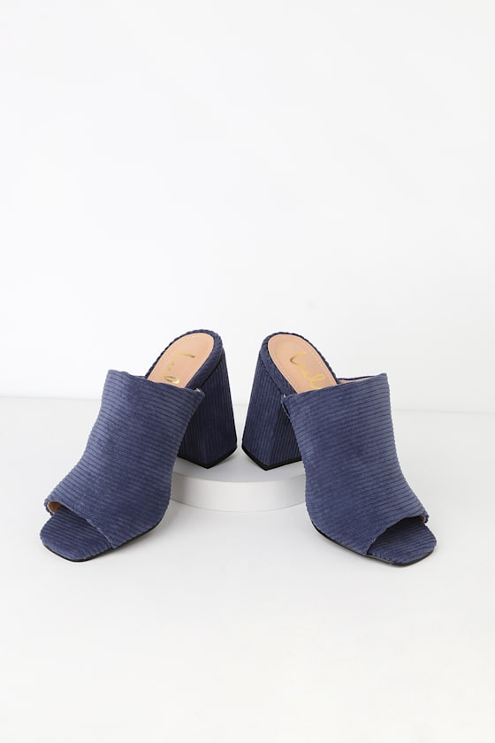 Raelynn Corduroy Navy Blue Peep-Toe Mules 2