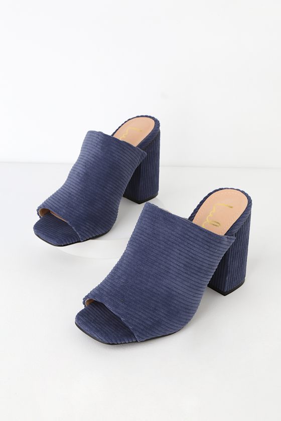 Raelynn Corduroy Navy Blue Peep-Toe Mules 4