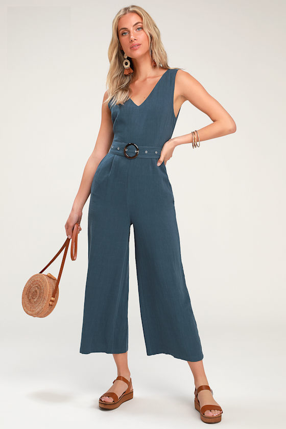 Pretty Blue Jumpsuit VNeck Jumpsuit Blue Culotte Jumpsuit Lulus