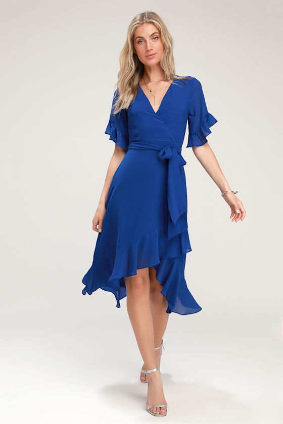 For the Frills Royal Blue High-Low Wrap Dress 1