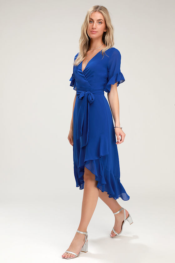 For the Frills Royal Blue High-Low Wrap Dress 2