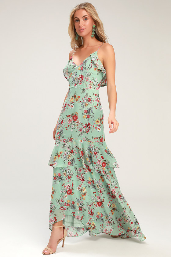 Lovely Green Floral Print Dress - High-Low Dress - Ruffled Maxi - Lulus