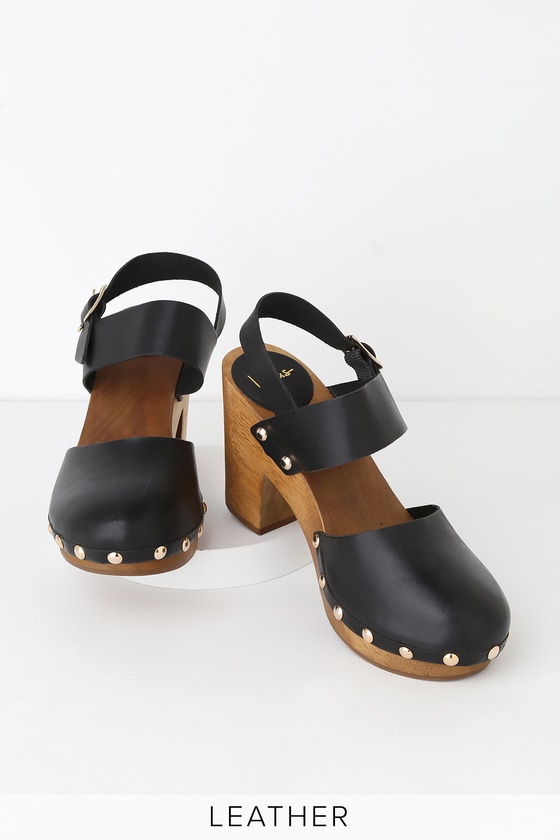 leather clogs with wooden heels
