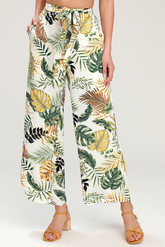 tropical print wide leg pants