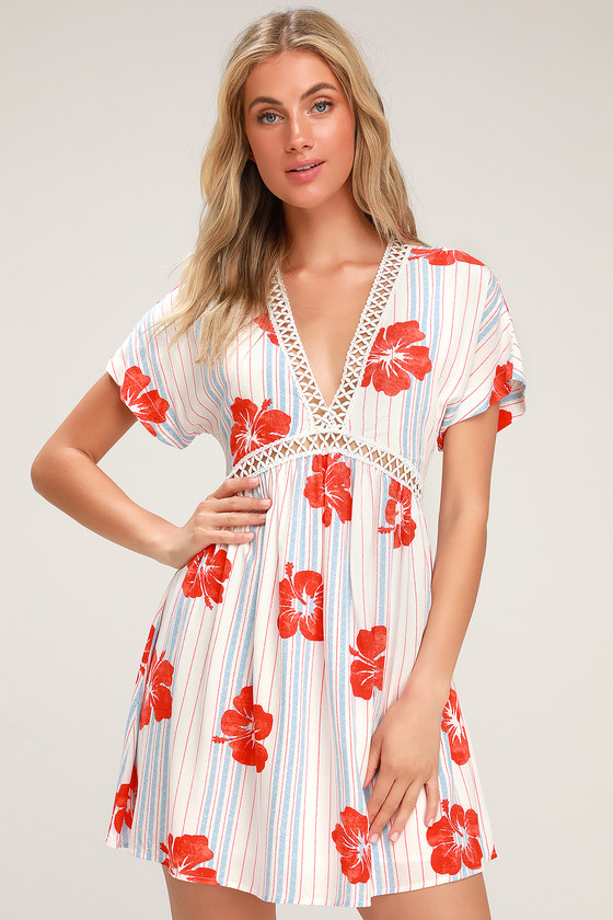 Fun White Tropical Print Dress - Lace-Up Dress - Short Dress - Lulus