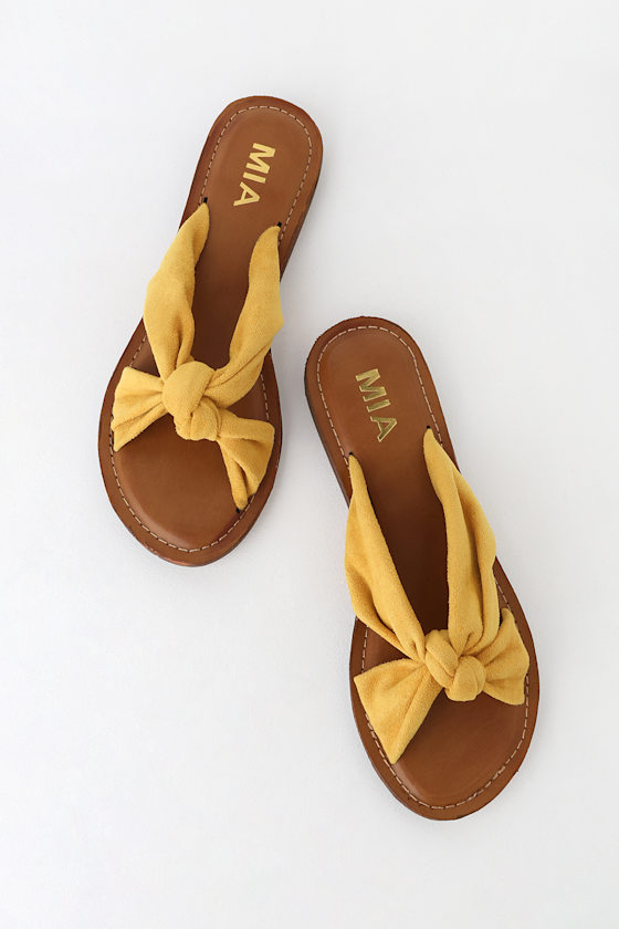 MIA Emila Yellow Suede Sandals Slide Sandals Flat Sandals Lulus