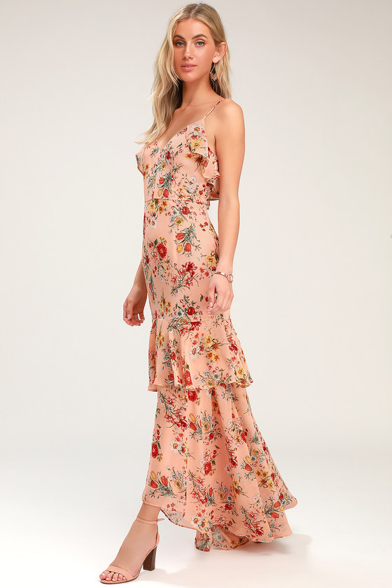 Lovely Blush Floral Print Dress - High-Low Dress - Ruffled Maxi - Lulus