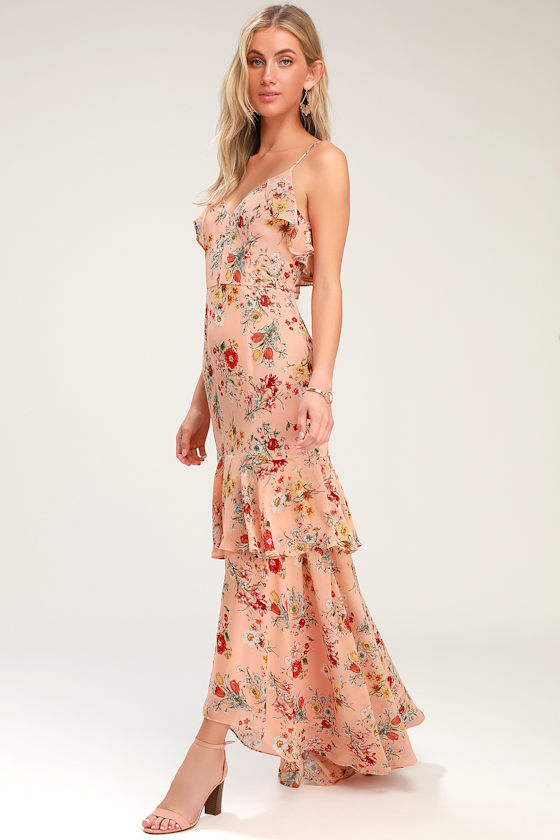 Lovely Blush Floral Print Dress HighLow Dress Ruffled Maxi Lulus