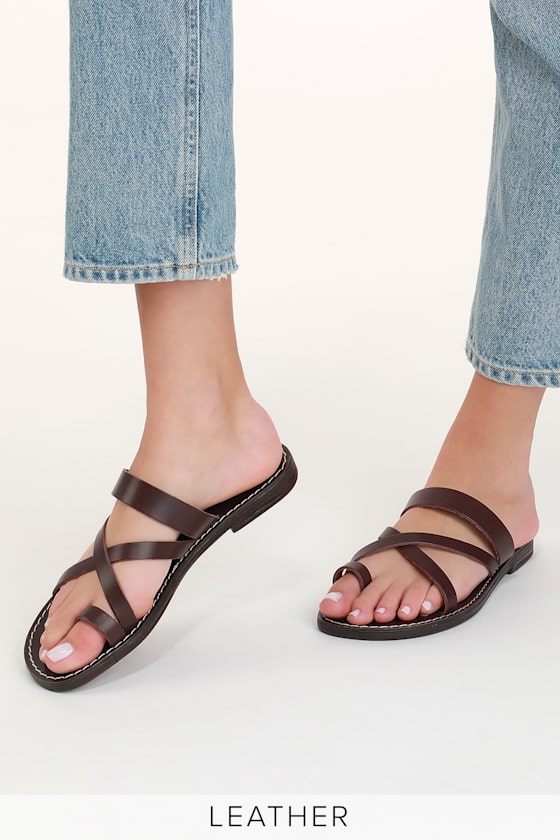 So Precious Brown Leather Flat Sandals 5