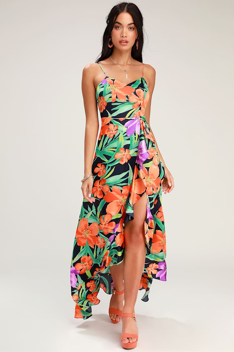 tropical formal dresses Merlin Smocked Midi Dress GREEN-MULT / M by Sugarlips to for resort days Lovely Navy Blue Floral Print