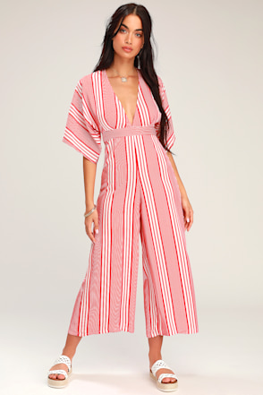 Fun Red and White Jumpsuit Striped Jumpsuit Wide-Leg Jumpsuit