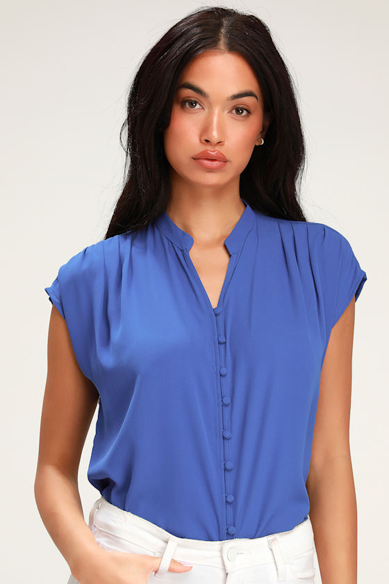 Cute Royal Blue Top - Button-Up Top - Short Sleeve Top - Lulus