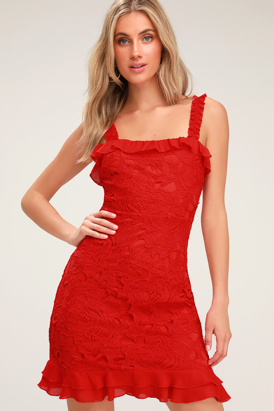 Cute Red Lace Dress - Ruffled Dress - Ruffled Lace Dress - Lulus