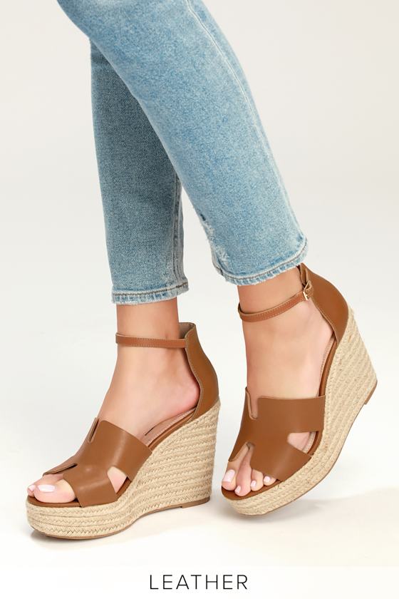 Sirena Cognac Leather Espadrille Wedges 1