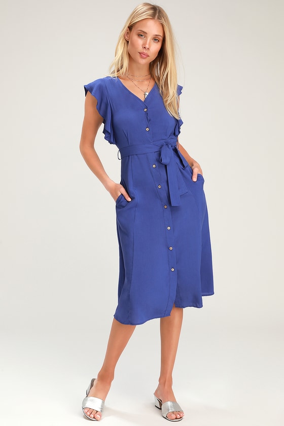 Chic Royal Blue Dress - Blue Midi Dress - Button-Front Midi Dress - Lulus