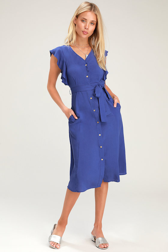 Capri Coast Royal Blue Button-Front Midi Dress 1