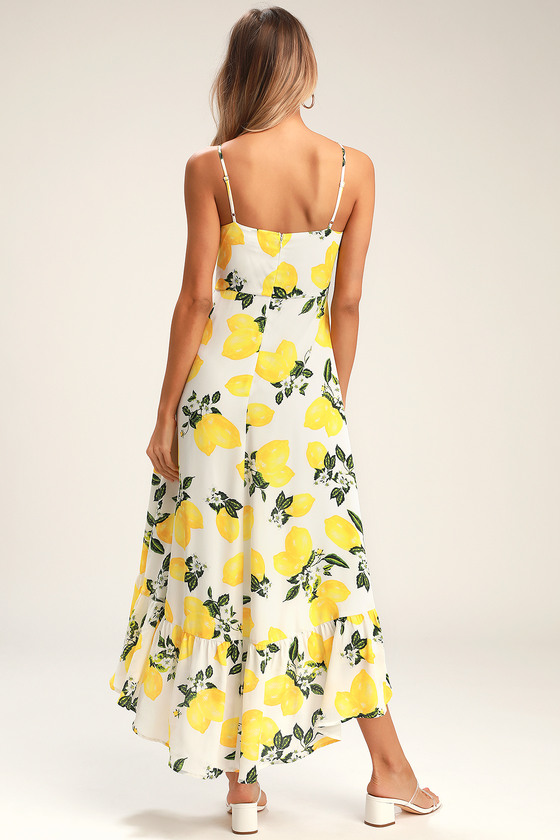 Lemon Print Dress - High-Low Midi Dress - Ruffled Midi Dress - Lulus