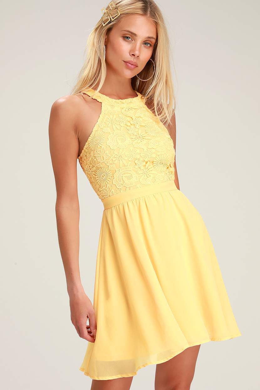 yellow lace skater dress Cute Light Yellow Dress - Lace Dress - Halter Skater Dress