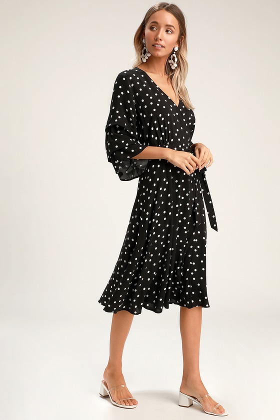 white and black spot midi dress