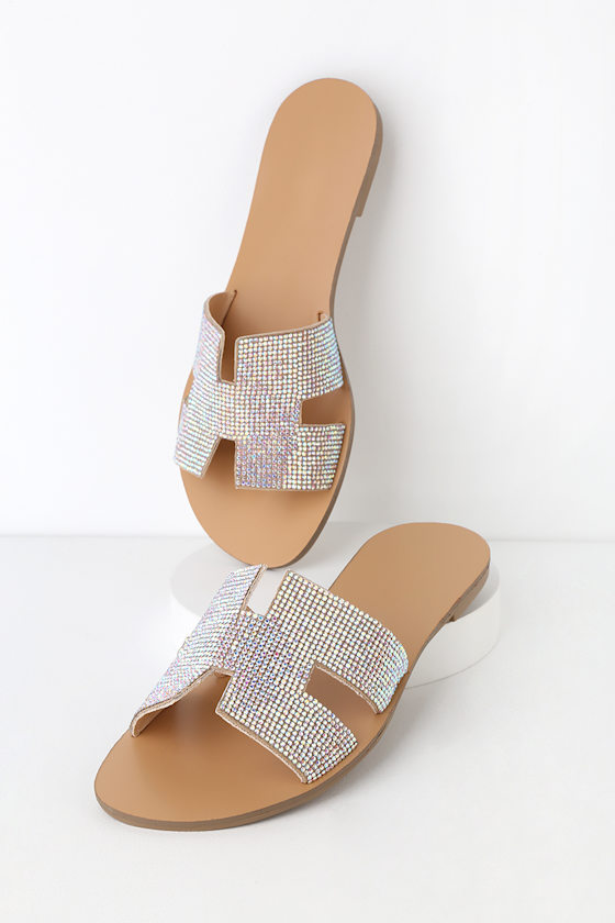 sass rhinestone logo slide sandals