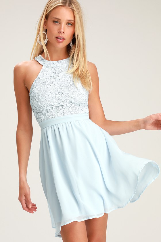 Cute Light Blue Dress - Lace Dress - Halter Skater Dress - Lulus