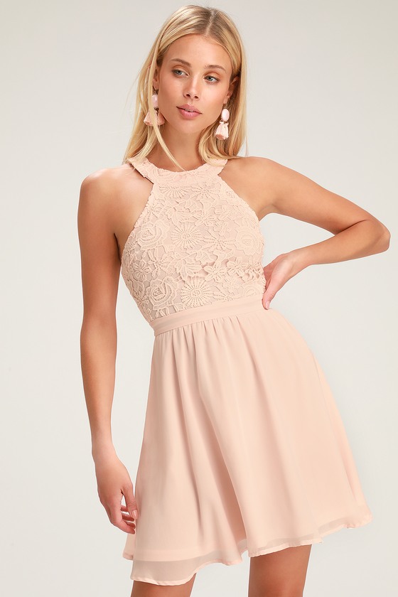 Cute Blush Pink Dress Lace Dress Halter Skater Dress Cute Blush Pink Dress Lace Dress Halter Skater Dress