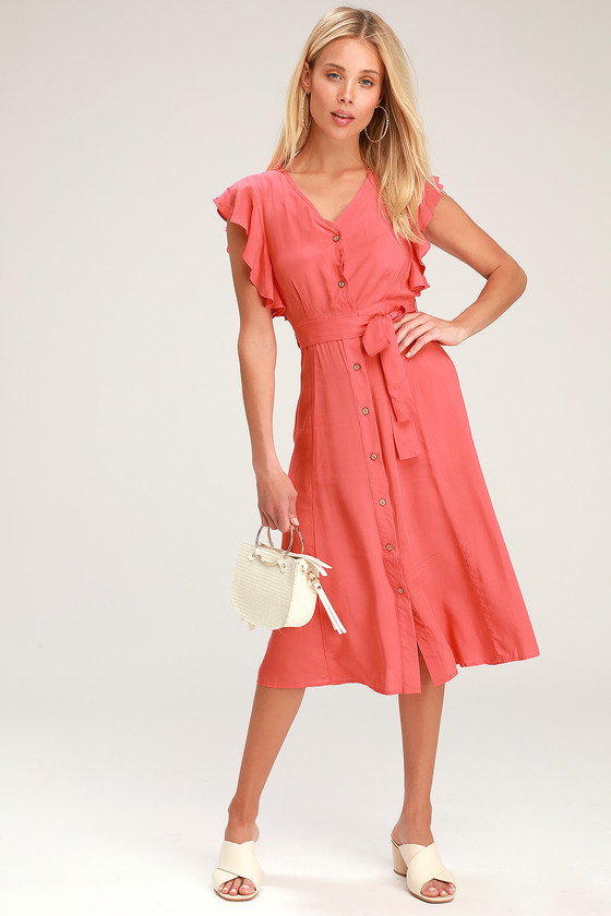 Chic Coral Dress - Coral Midi Dress - Button-Front Midi Dress - Lulus