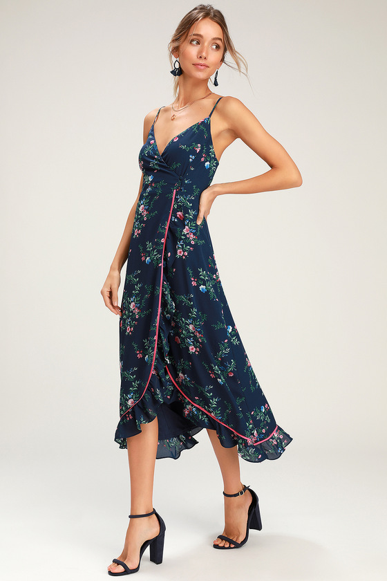 Cute Navy Floral Dress - Midi Wrap Dress - Ruffled Wrap Dress - Lulus