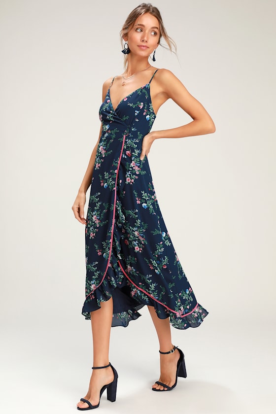 Navy Floral Wrap Midi Dress main image 1