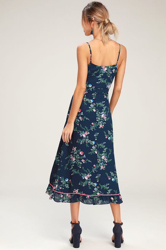 Cute Navy Floral Dress - Midi Wrap Dress - Ruffled Wrap Dress - Lulus