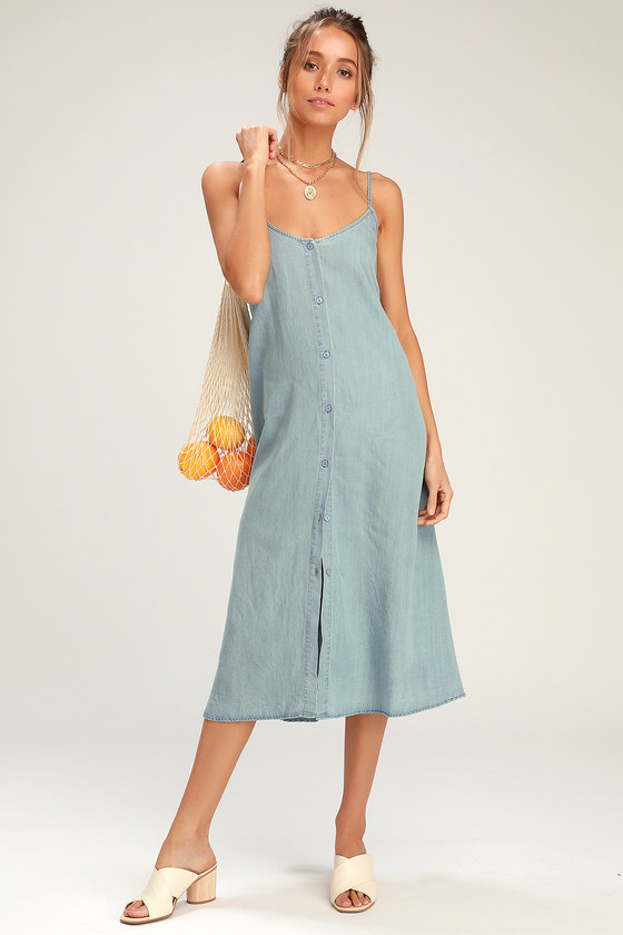 Light Wash Chambray Dress - Tie-Back Dress - Chambray Midi Dress - Lulus