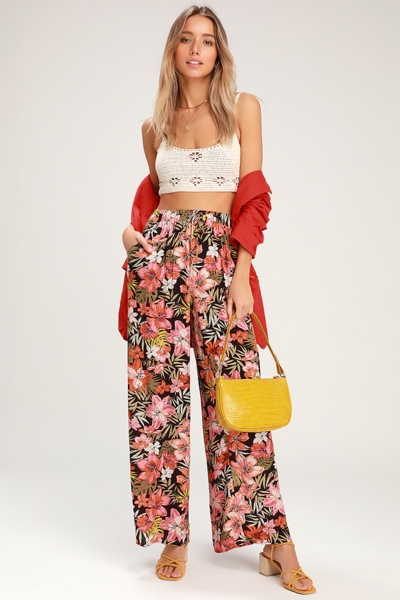 tropical print wide leg pants