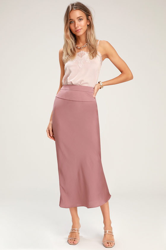 Normani Bias Dusty Mauve Satin Midi Skirt 1
