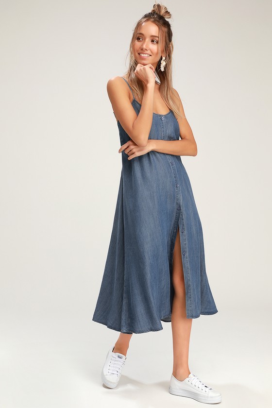 Medium Wash Chambray Dress - Tie-Back Dress - Chambray Midi Dress - Lulus