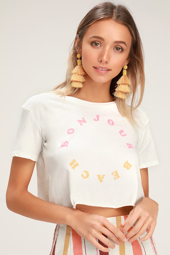 Bonjour Beach White Cropped Graphic Tee 3