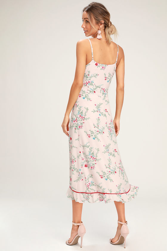 Cute Red Floral Dress - Midi Wrap Dress - Ruffled Wrap Dress - Lulus
