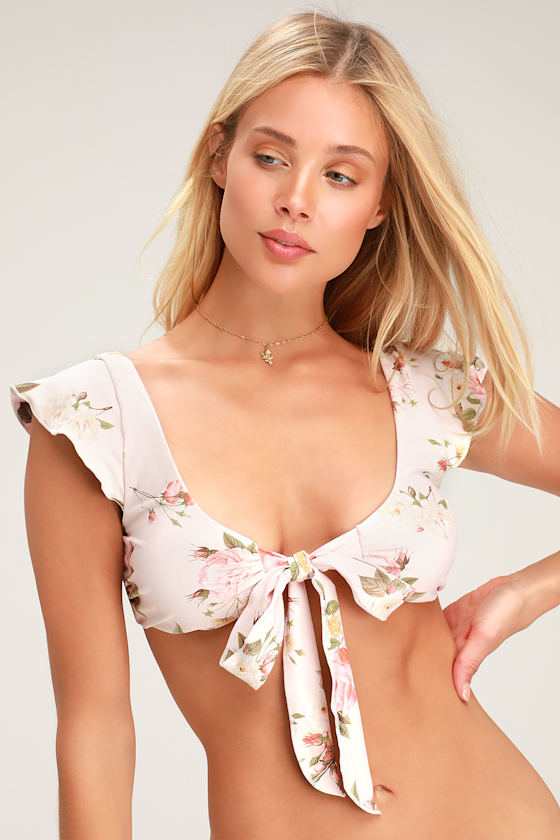 Raquel Blush Floral Print Tie-Front Bikini Top 8