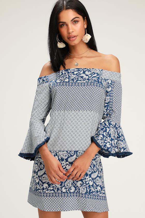 Boho OfftheShoulder Dress Blue Boho Print Dress OTS Dress Lulus