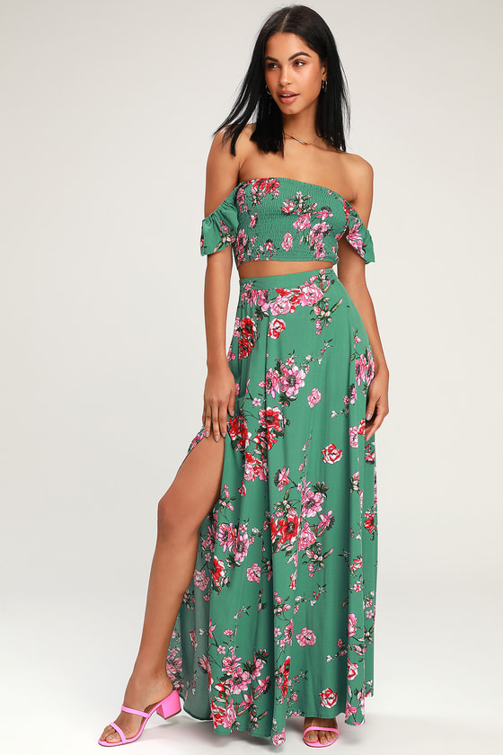 Green Floral 2-Piece Dress - Two-Piece Maxi Dress - Co-Ord Dress - Lulus