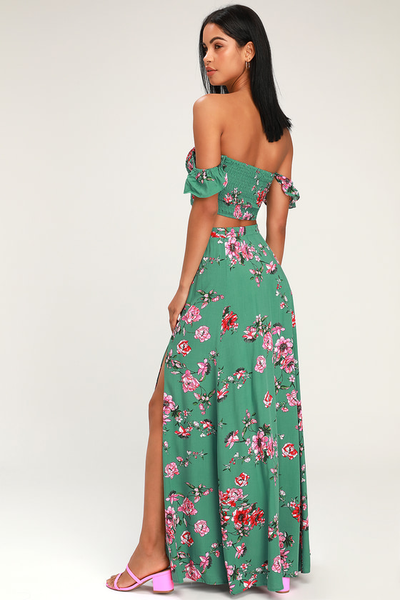 Green Floral Two-Piece Dress - Two-Piece Maxi Dress - Floral Set
