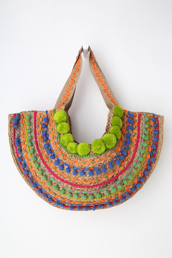 Lago Beige Woven Pompom Tote 6