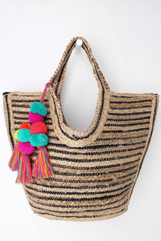 Sun-Sational Beige and Black Striped Woven Tote Bag 6