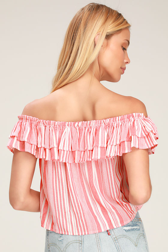 Rylee Red and White Striped Off-the-Shoulder Crop Top 4