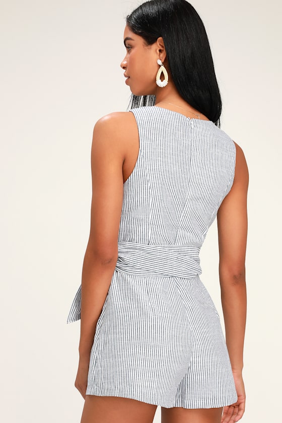 Striped Cotton Romper Navy